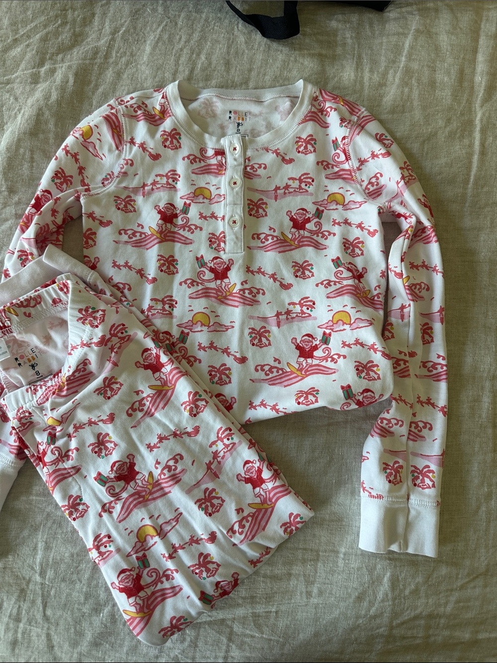 Roller Rabbit White Pajama Set with Pink Surf & Yellow Sun Print